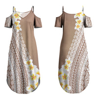 Tahiti Plumeria Tribal Pattern Family Matching Summer Maxi Dress and Hawaiian Shirt Wave Style Brown LT05 Mom's Dress Brown - Polynesian Pride