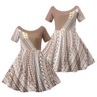 Tahiti Plumeria Tribal Pattern Family Matching Summer Maxi Dress and Hawaiian Shirt Wave Style Brown LT05 Daughter's Dress Brown - Polynesian Pride