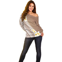 Tahiti Plumeria Tribal Pattern Off Shoulder Sweater Wave Style Brown LT05 - Polynesian Pride