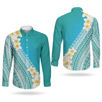 Tahiti Plumeria Tribal Pattern Couples Matching Puletasi and Long Sleeve Button Shirt Wave Style Turquoise LT05 - Polynesian Pride