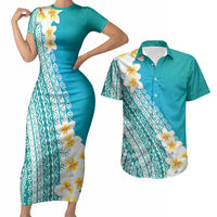 Tahiti Plumeria Tribal Pattern Couples Matching Short Sleeve Bodycon Dress and Hawaiian Shirt Wave Style Turquoise LT05 Turquoise - Polynesian Pride