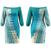 Tahiti Plumeria Tribal Pattern Family Matching Off The Shoulder Long Sleeve Dress and Hawaiian Shirt Wave Style Turquoise LT05 Mom's Dress Turquoise - Polynesian Pride