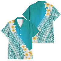Tahiti Plumeria Tribal Pattern Family Matching Off The Shoulder Long Sleeve Dress and Hawaiian Shirt Wave Style Turquoise LT05 Dad's Shirt - Short Sleeve Turquoise - Polynesian Pride