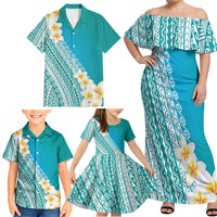 Tahiti Plumeria Tribal Pattern Family Matching Off Shoulder Maxi Dress and Hawaiian Shirt Wave Style Turquoise LT05 - Polynesian Pride