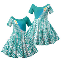 Tahiti Plumeria Tribal Pattern Family Matching Off Shoulder Maxi Dress and Hawaiian Shirt Wave Style Turquoise LT05 Daughter's Dress Turquoise - Polynesian Pride