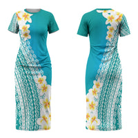 Tahiti Plumeria Tribal Pattern Family Matching Short Sleeve Bodycon Dress and Hawaiian Shirt Wave Style Turquoise LT05 Mom's Dress Turquoise - Polynesian Pride