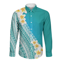 Tahiti Plumeria Tribal Pattern Long Sleeve Button Shirt Wave Style Turquoise LT05 Unisex Turquoise - Polynesian Pride