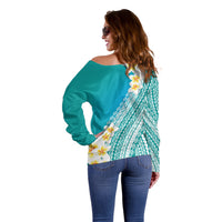Tahiti Plumeria Tribal Pattern Off Shoulder Sweater Wave Style Turquoise LT05 - Polynesian Pride