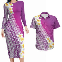 Tahiti Plumeria Tribal Pattern Couples Matching Long Sleeve Bodycon Dress and Hawaiian Shirt Wave Style Purple LT05 Purple - Polynesian Pride
