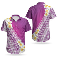 Tahiti Plumeria Tribal Pattern Couples Matching Off Shoulder Short Dress and Hawaiian Shirt Wave Style Purple LT05 - Polynesian Pride