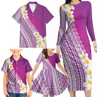Tahiti Plumeria Tribal Pattern Family Matching Long Sleeve Bodycon Dress and Hawaiian Shirt Wave Style Purple LT05 - Polynesian Pride