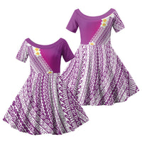 Tahiti Plumeria Tribal Pattern Family Matching Off Shoulder Short Dress and Hawaiian Shirt Wave Style Purple LT05 Daughter's Dress Purple - Polynesian Pride