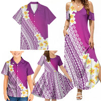 Tahiti Plumeria Tribal Pattern Family Matching Summer Maxi Dress and Hawaiian Shirt Wave Style Purple LT05 - Polynesian Pride