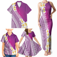 Tahiti Plumeria Tribal Pattern Family Matching Tank Maxi Dress and Hawaiian Shirt Wave Style Purple LT05 - Polynesian Pride