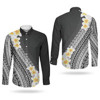 Tahiti Plumeria Tribal Pattern Couples Matching Mermaid Dress and Long Sleeve Button Shirt Wave Style Black LT05 - Polynesian Pride