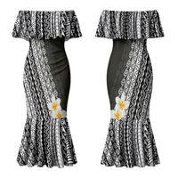 Tahiti Plumeria Tribal Pattern Family Matching Mermaid Dress and Hawaiian Shirt Wave Style Black LT05 Mom's Dress Black - Polynesian Pride
