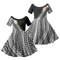 Tahiti Plumeria Tribal Pattern Family Matching Off Shoulder Short Dress and Hawaiian Shirt Wave Style Black LT05 Daughter's Dress Black - Polynesian Pride