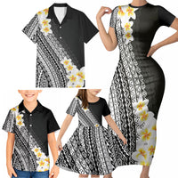 Tahiti Plumeria Tribal Pattern Family Matching Short Sleeve Bodycon Dress and Hawaiian Shirt Wave Style Black LT05 - Polynesian Pride