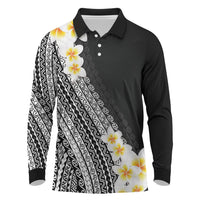 Tahiti Plumeria Tribal Pattern Long Sleeve Polo Shirt Wave Style Black LT05 Black - Polynesian Pride