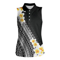 Tahiti Plumeria Tribal Pattern Women Sleeveless Polo Shirt Wave Style Black LT05 Female Black - Polynesian Pride