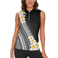 Tahiti Plumeria Tribal Pattern Women Sleeveless Polo Shirt Wave Style Black LT05 - Polynesian Pride
