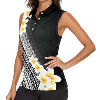 Tahiti Plumeria Tribal Pattern Women Sleeveless Polo Shirt Wave Style Black LT05 - Polynesian Pride