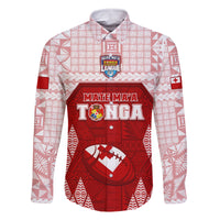 Custom Tonga Rugby Family Matching Off Shoulder Short Dress and Hawaiian Shirt 2023 Pacific Championships Kupesi Ngatu Mate Maa LT05 Dad's Shirt - Long Sleeve Red - Polynesian Pride