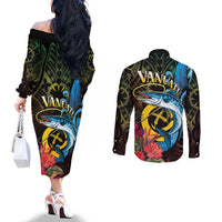 Vanuatu Fishing Couples Matching Off The Shoulder Long Sleeve Dress and Long Sleeve Button Shirt It's Time To Fish LT05 - Polynesian Pride