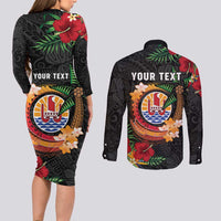 Personalised French Polynesia Outrigger Canoe Race Couples Matching Long Sleeve Bodycon Dress and Long Sleeve Button Shirt Tropical Vibe LT05 - Polynesian Pride