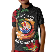 Personalised French Polynesia Outrigger Canoe Race Kid Polo Shirt Tropical Vibe LT05 Kid Black - Polynesian Pride
