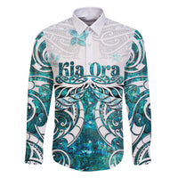 New Zealand Aotearoa Kia Ora Family Matching Off Shoulder Maxi Dress and Hawaiian Shirt Paua Shell Maori Silver Fern LT05 Dad's Shirt - Long Sleeve Turquoise - Polynesian Pride