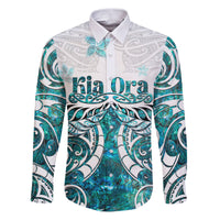 New Zealand Aotearoa Kia Ora Family Matching Puletasi and Hawaiian Shirt Paua Shell Maori Silver Fern LT05 Dad's Shirt - Long Sleeve Turquoise - Polynesian Pride