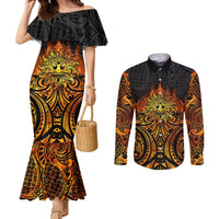 New Zealand Tamanuitera The Sun Couples Matching Mermaid Dress and Long Sleeve Button Shirt Maori Pattern LT05 Orange - Polynesian Pride
