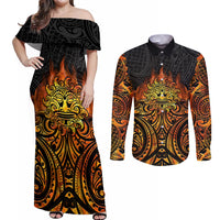 New Zealand Tamanuitera The Sun Couples Matching Off Shoulder Maxi Dress and Long Sleeve Button Shirt Maori Pattern
