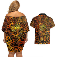 New Zealand Tamanuitera The Sun Couples Matching Off Shoulder Short Dress and Hawaiian Shirt Maori Pattern