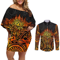 New Zealand Tamanuitera The Sun Couples Matching Off Shoulder Short Dress and Long Sleeve Button Shirt Maori Pattern