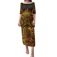 New Zealand Tamanuitera The Sun Puletasi Maori Pattern LT05 Long Dress Orange - Polynesian Pride