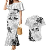 Personalised Polynesia Brain Cancer Couples Matching Mermaid Dress and Hawaiian Shirt No One Fights Alone LT05 White - Polynesian Pride