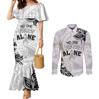 Personalised Polynesia Brain Cancer Couples Matching Mermaid Dress and Long Sleeve Button Shirt No One Fights Alone LT05 White - Polynesian Pride
