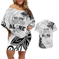 Personalised Polynesia Brain Cancer Couples Matching Off Shoulder Short Dress and Hawaiian Shirt No One Fights Alone LT05 White - Polynesian Pride