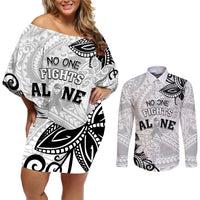 Personalised Polynesia Brain Cancer Couples Matching Off Shoulder Short Dress and Long Sleeve Button Shirt No One Fights Alone LT05 White - Polynesian Pride