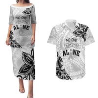 Personalised Polynesia Brain Cancer Couples Matching Puletasi and Hawaiian Shirt No One Fights Alone LT05 White - Polynesian Pride