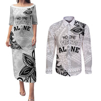 Personalised Polynesia Brain Cancer Couples Matching Puletasi and Long Sleeve Button Shirt No One Fights Alone LT05 White - Polynesian Pride