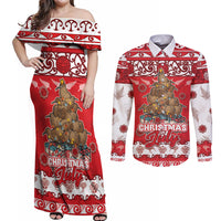 Personalised New Zealand Christmas In July Couples Matching Off Shoulder Maxi Dress and Long Sleeve Button Shirt Maori Kiwi Xmas Tree - Red