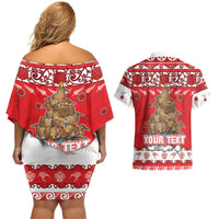 Personalised New Zealand Christmas In July Couples Matching Off Shoulder Short Dress and Hawaiian Shirt Maori Kiwi Xmas Tree - Red