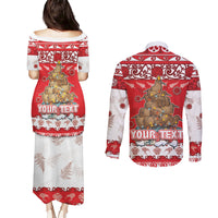 Personalised New Zealand Christmas In July Couples Matching Puletasi and Long Sleeve Button Shirt Maori Kiwi Xmas Tree - Red LT05 - Polynesian Pride