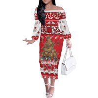 Personalised New Zealand Christmas In July Family Matching Off The Shoulder Long Sleeve Dress and Hawaiian Shirt Maori Kiwi Xmas Tree - Red