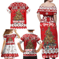 Personalised New Zealand Christmas In July Family Matching Off Shoulder Maxi Dress and Hawaiian Shirt Maori Kiwi Xmas Tree - Red