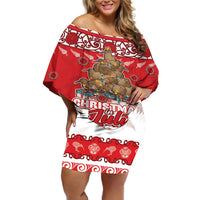 Personalised New Zealand Christmas In July Off Shoulder Short Dress Maori Kiwi Xmas Tree - Red