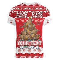 Personalised New Zealand Christmas In July Women V-Neck T-Shirt Maori Kiwi Xmas Tree - Red